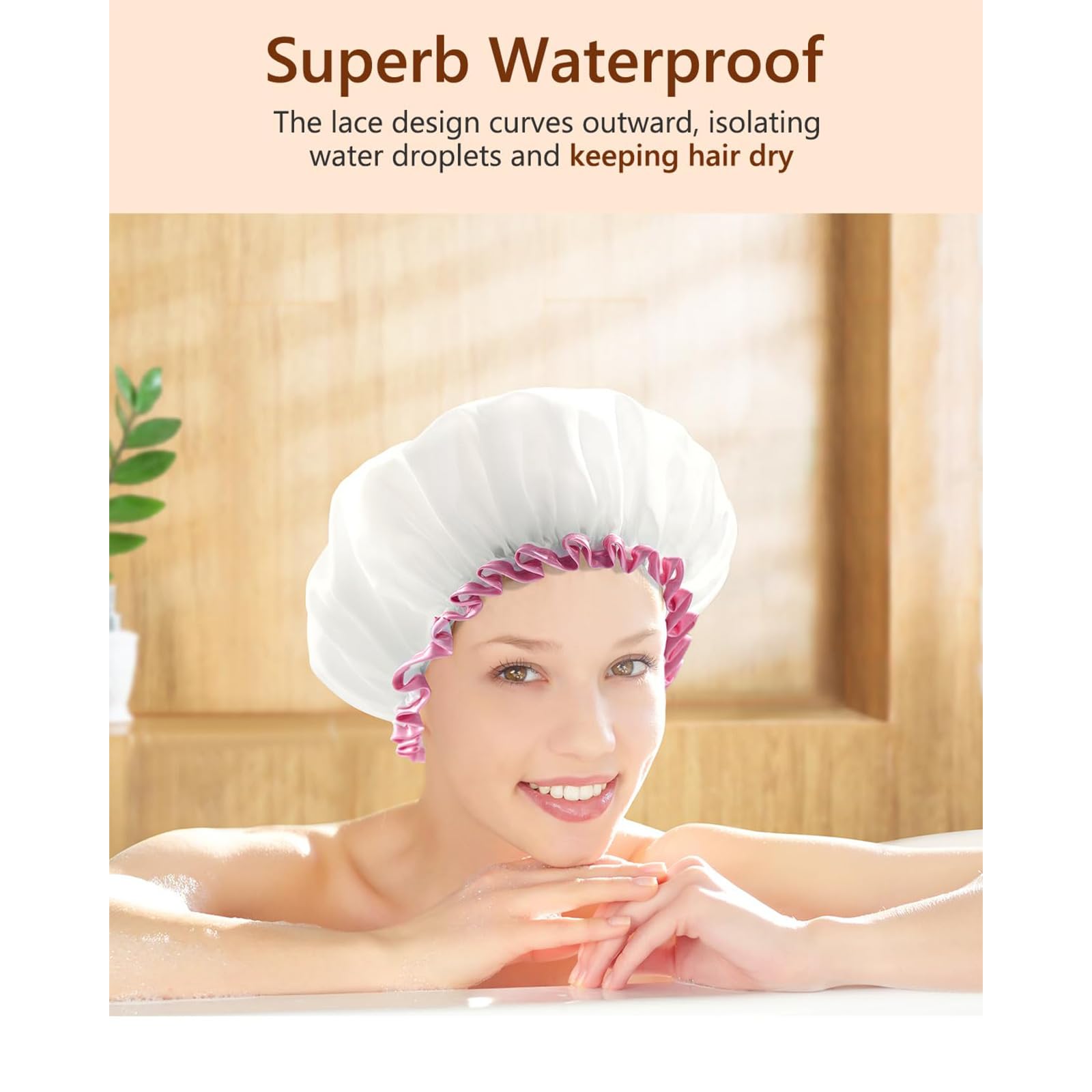 White Large Shower Cap for Women Long Hair Reusable Waterproof Double Layers Bathing Hair Cap Soft Comfortable PEVA Lining - Image 4