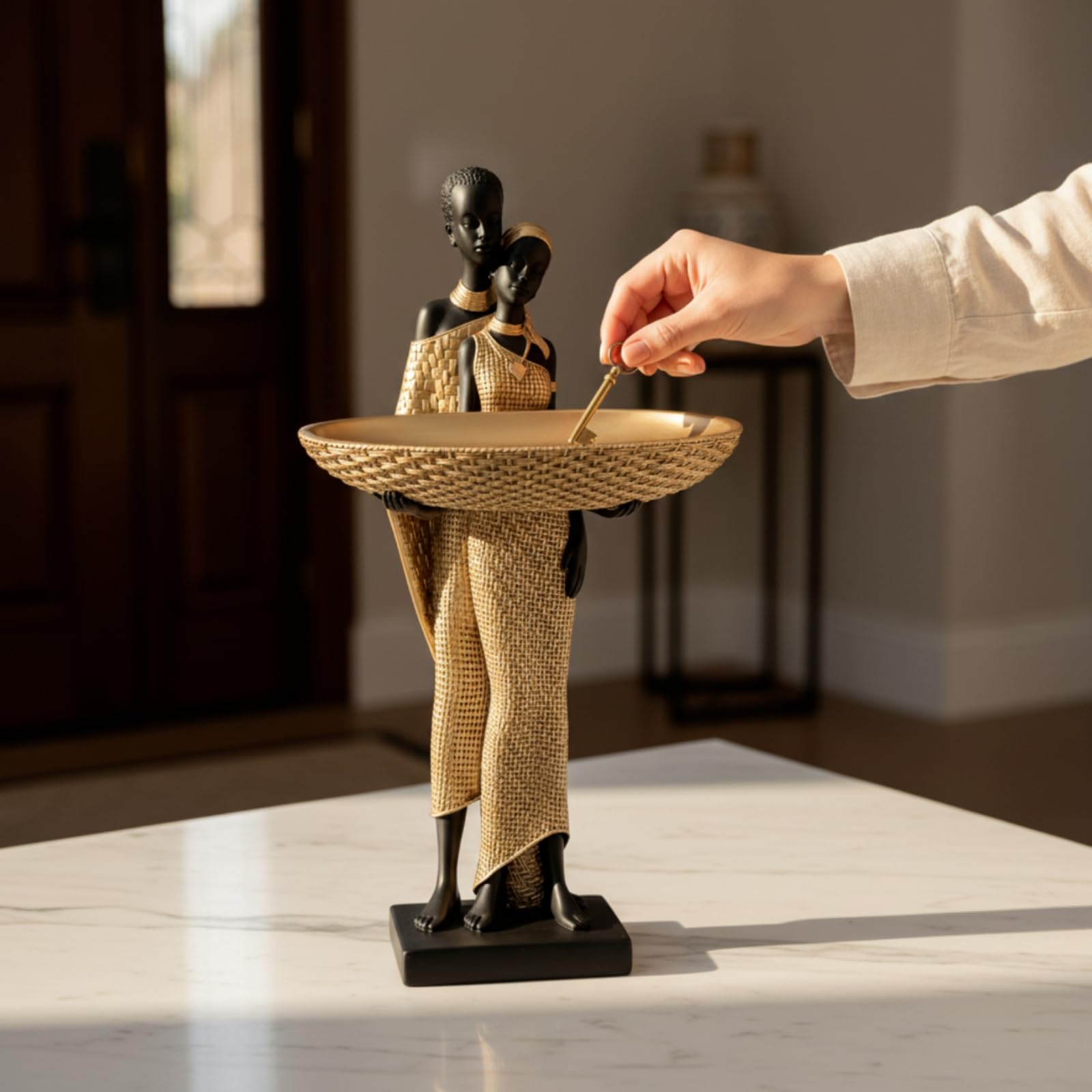 Scultura di Coppia Tradizionale Scultura con Vassoio Moderno Ornamento da Scrivania per Ingresso, Bianco