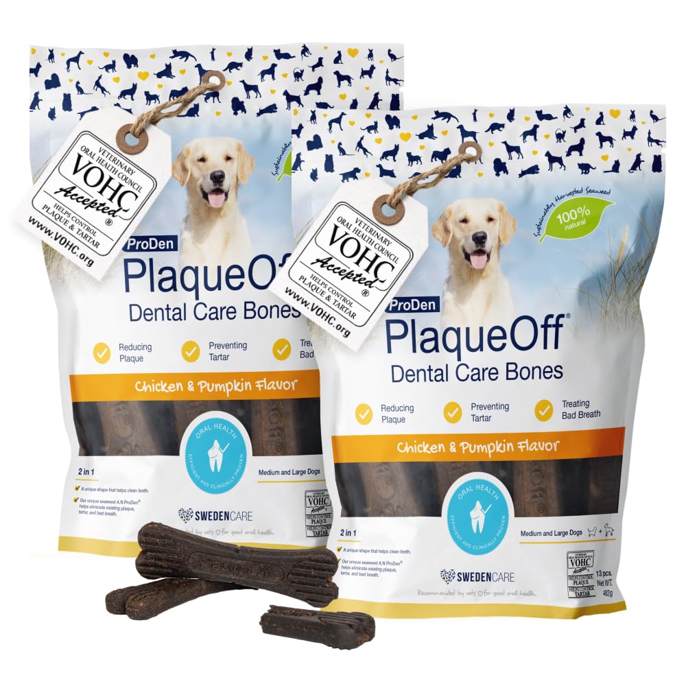ProDen PlaqueOff Kauknochen für Zahnpflege Hund, 2 x 13 Knochen Huhn & Kürbis, Doppelpack Dental Sticks für mittelgroße & große Hunde, Zahnreinigung Hund bei Zahnbelag & Maulgeruch