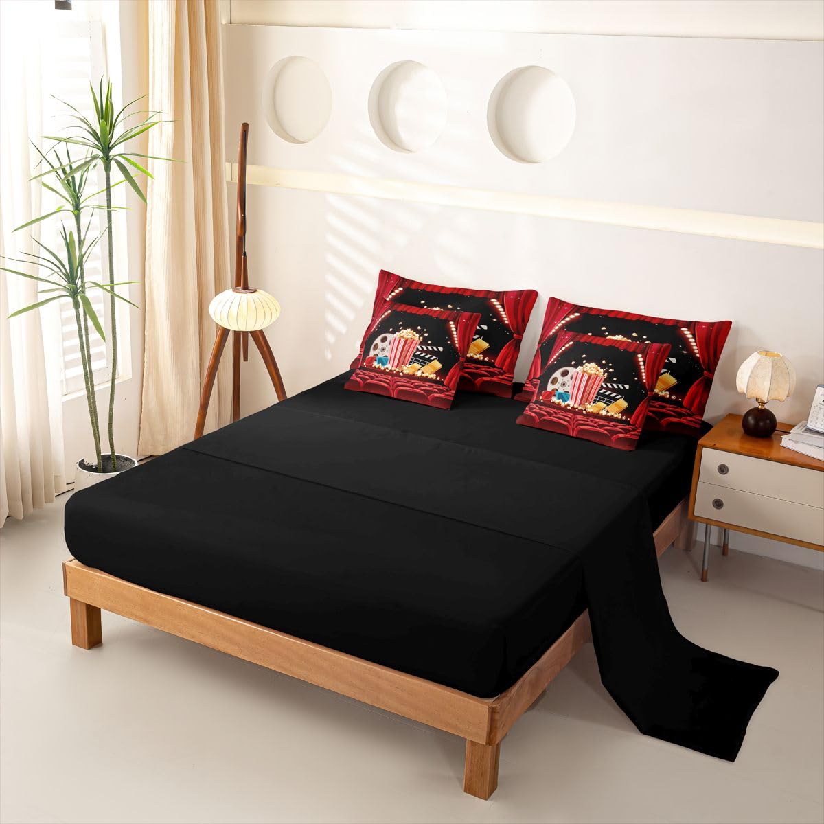 Loussiesd Set di biancheria da letto con copripiumino a tema cinema, 7 pezzi, super king size, stile cinema, per bambini, ragazzi e ragazze, stampa popcorn, decorazione per la stanza, morbida e