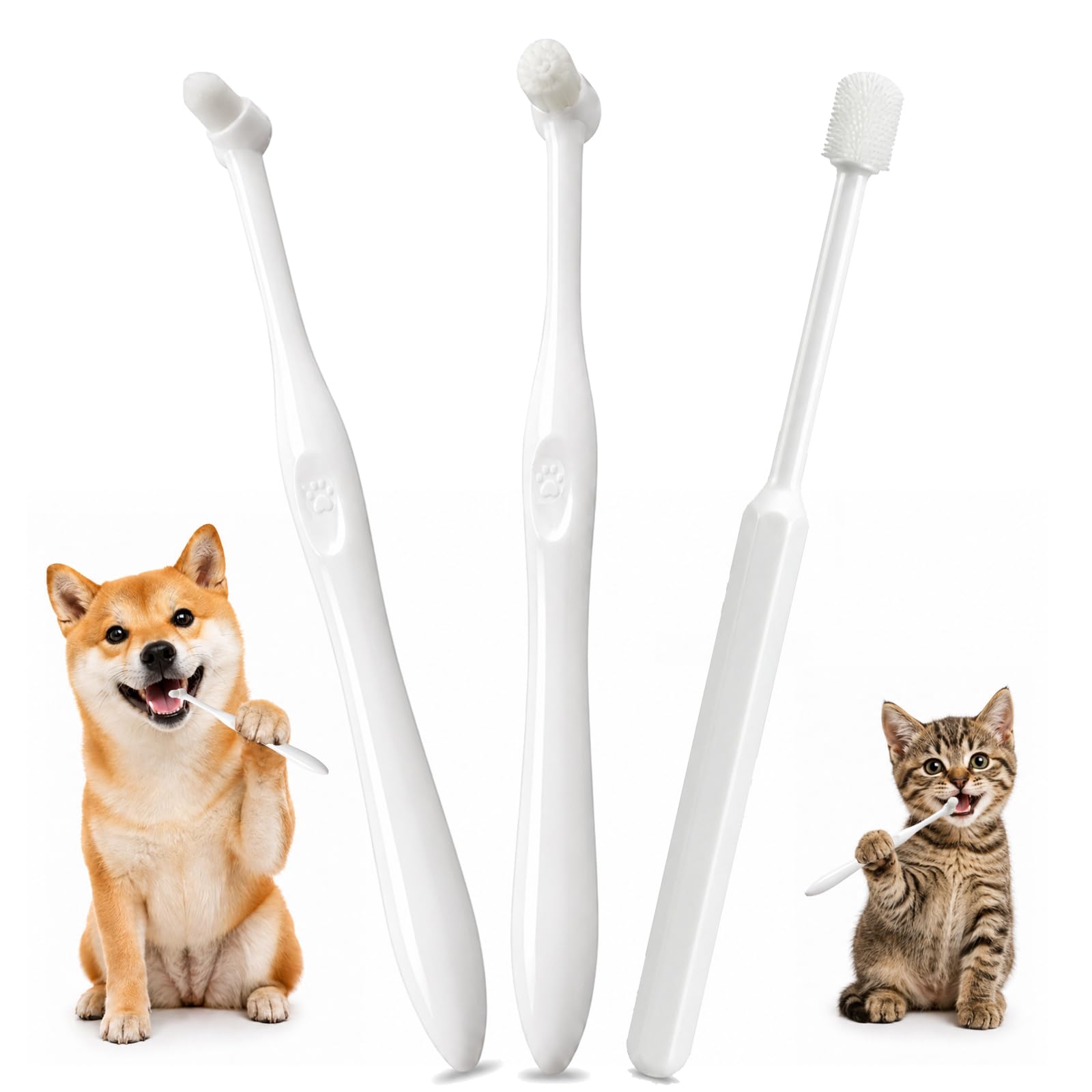 Soft-Bristled Pet Toothbrush Set with 360-Degree Silicone Head for Dogs & Cats - Compact Non-Slip Handle Dental Care Kit for Small Medium Dogs, Puppies, Kittens, Oral Hygiene and Fresh Breath