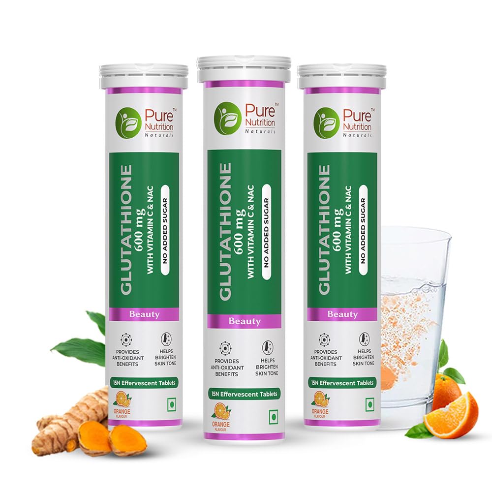Pure Nutrition L-Glutathione 600mg 45 Effervescent Tablets (15x3) for Skin Whitening | With Vitamin C & Saffron | Anti-Aging Antioxidants for Glowing Skin Brightening | Orange Flavour