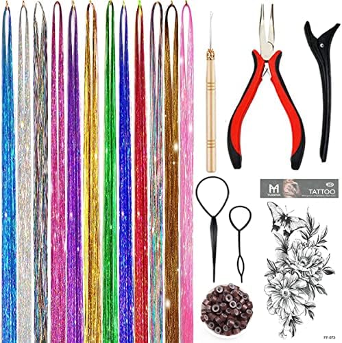 Fairy Hair Extensions Tinsel Kit With Tool 2760 Strands 12 Colors Holographic Hair Tinsel Heat Resistant Sparkling Hair Glitter for Christmas New Year Party (48 Inch)