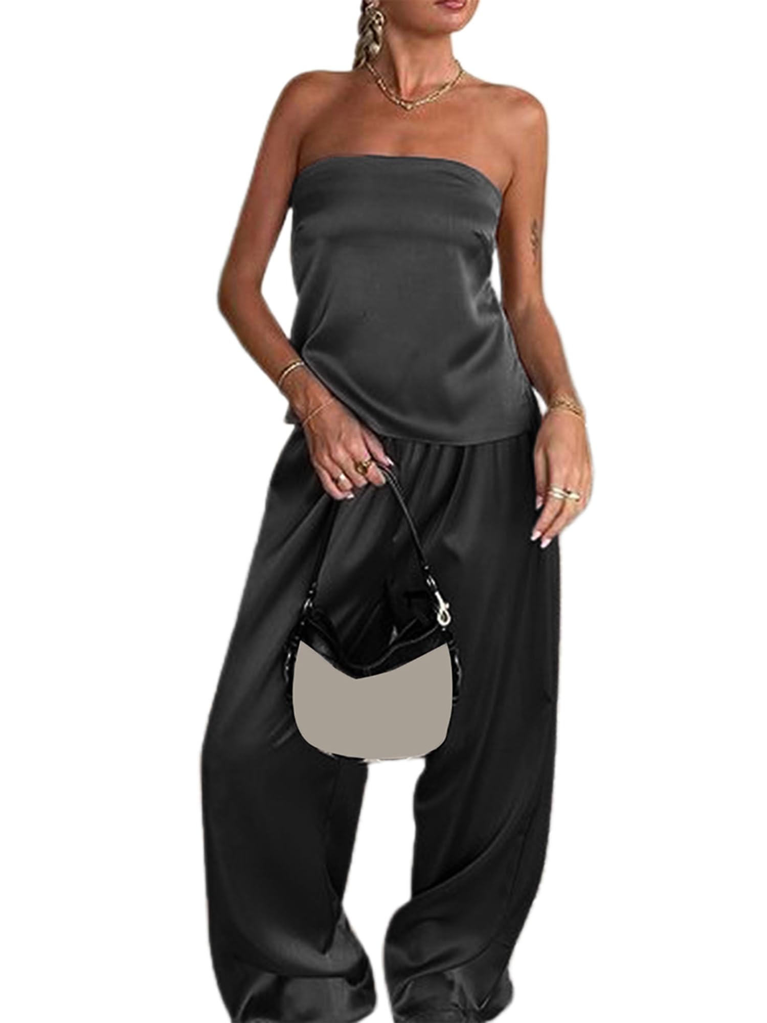 Women Y2K Two Piece Sets Off Shoulder Satin Strapless Tube Tops Wide Leg Pants Set Streetwear Aesthetic Clothes (A-Black, L)