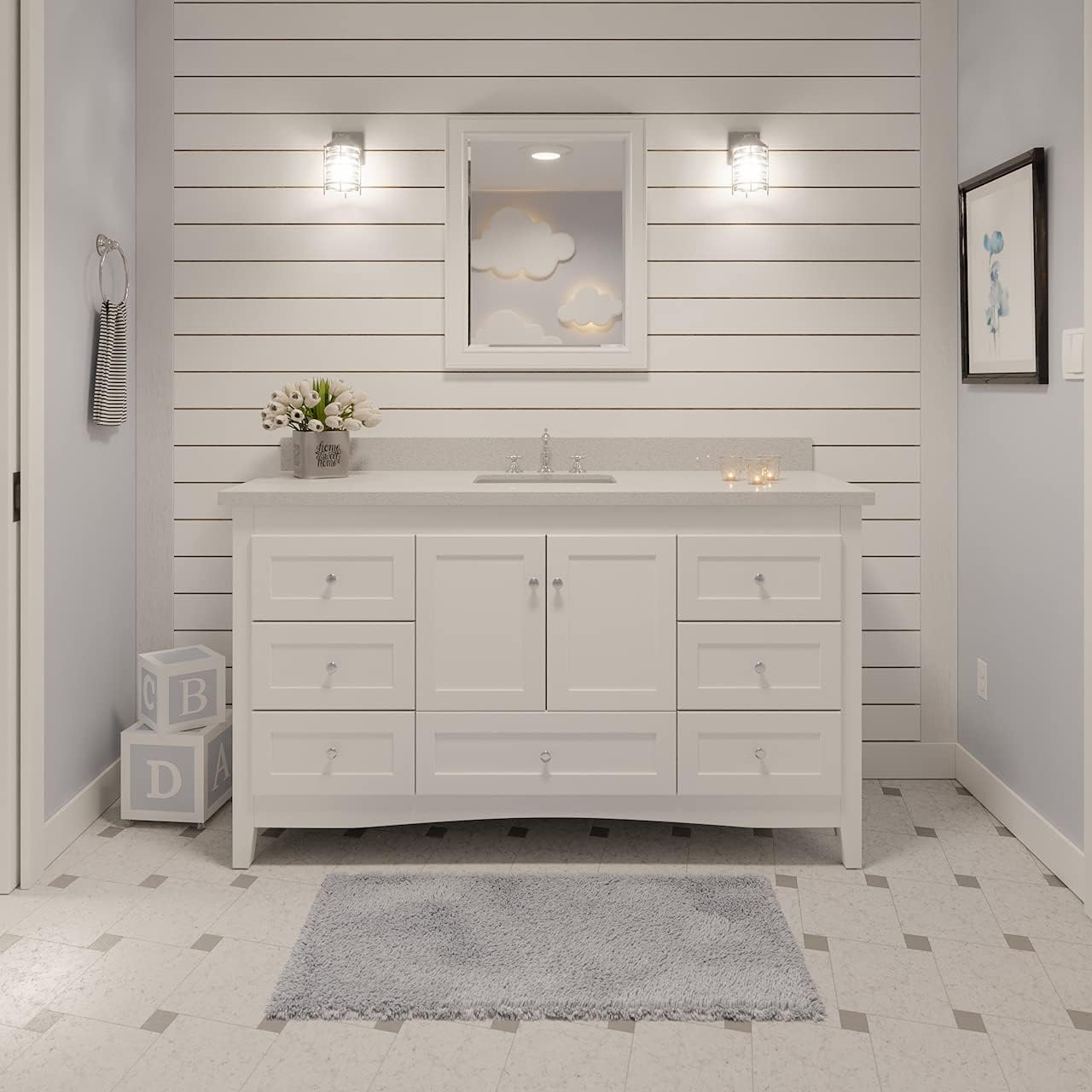 Kitchen Bath Collection Abbey 60-inch Single Bathroom Vanity (White/Quartz): Includes White Cabinet with Quartz Countertop and White Ceramic Sink
