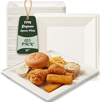 Square Compostable Plates 10 Inch 125 Pack Heavy Duty Disposable Dinner Plates | Sugarcane Biodegradable Party Plates for Hot & Cold Food, Microwave & Freezer Safe Catering Dinnerware