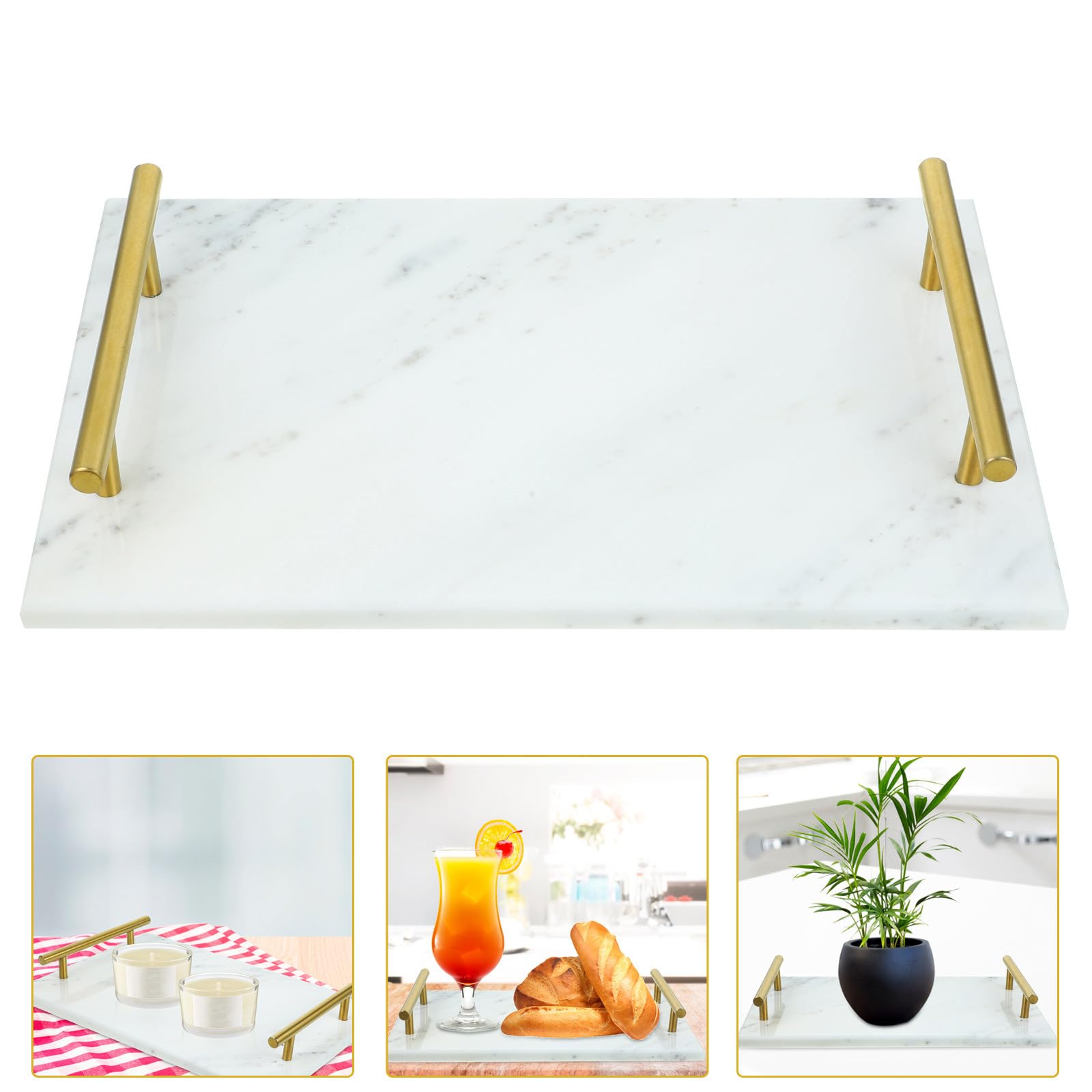 Vassoio in Marmo con Manico, Portaoggetti Multiuso per Cucina e Bagno, Piatto da Portata Rettangolare 30x20 Cm, Resistente e Leggero per Snack, Frutta Secca e Dessert