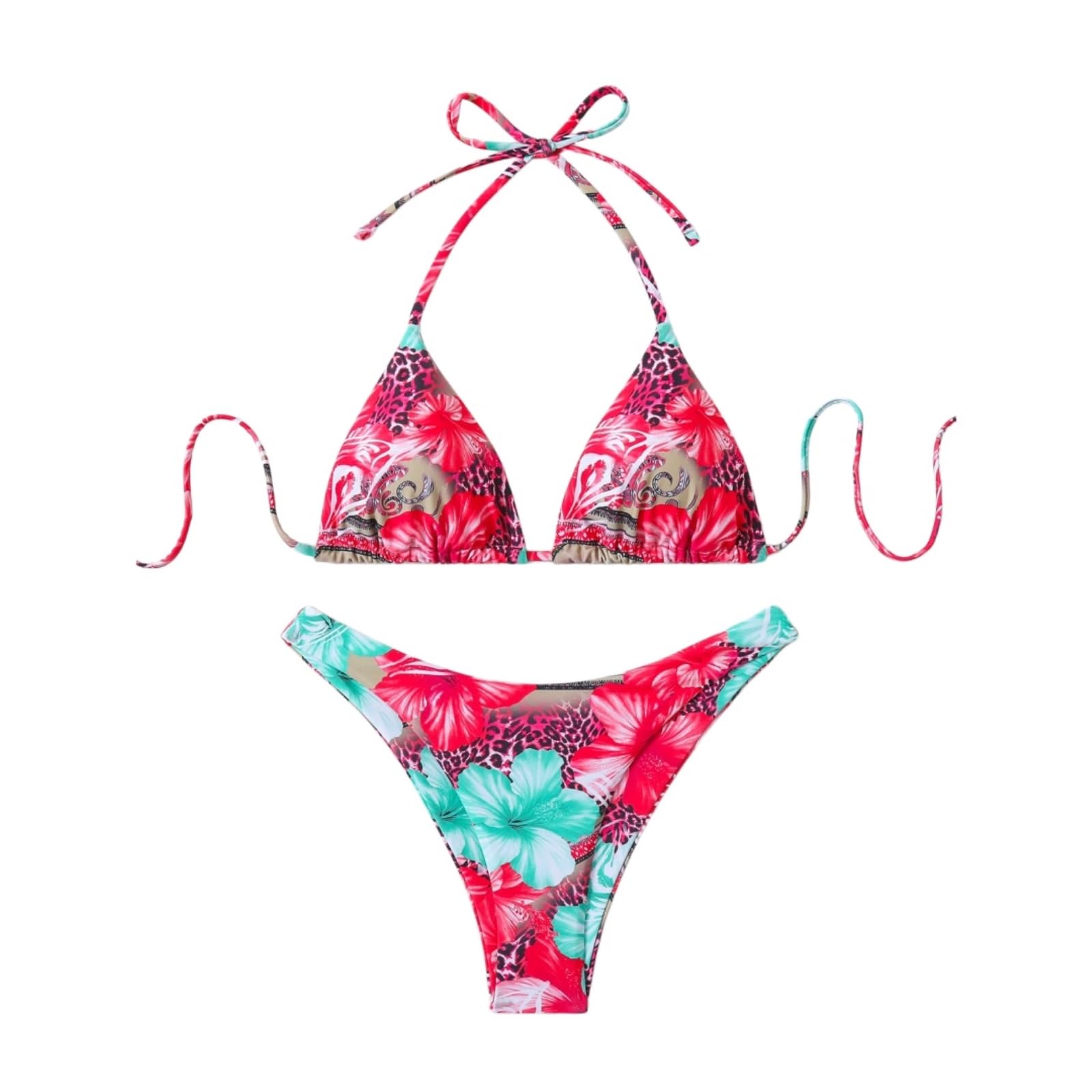 Bikini Mujer Mujeres Floral Impresión Triángulo Set Encaje Dos Piezas Traje De Baño-Rose Red-l