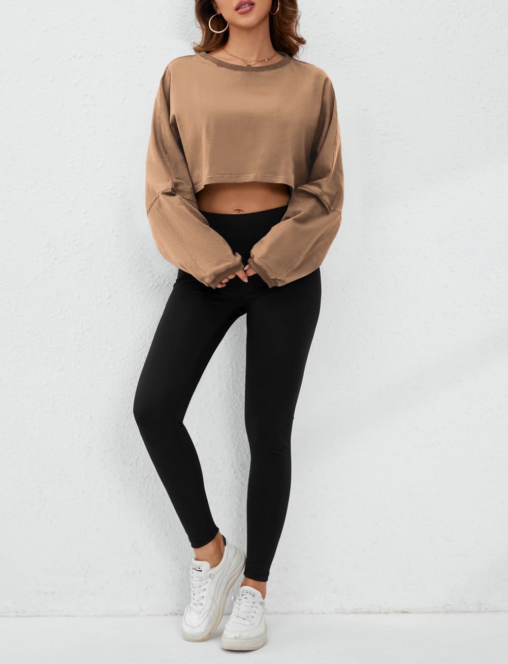 Meladyan Women Long Sleeve Crewneck Crop Top Tee Shirt Sweatshirt Casual Solid Loose Fit Workout Cropped Pullover Tshirt - Image 6