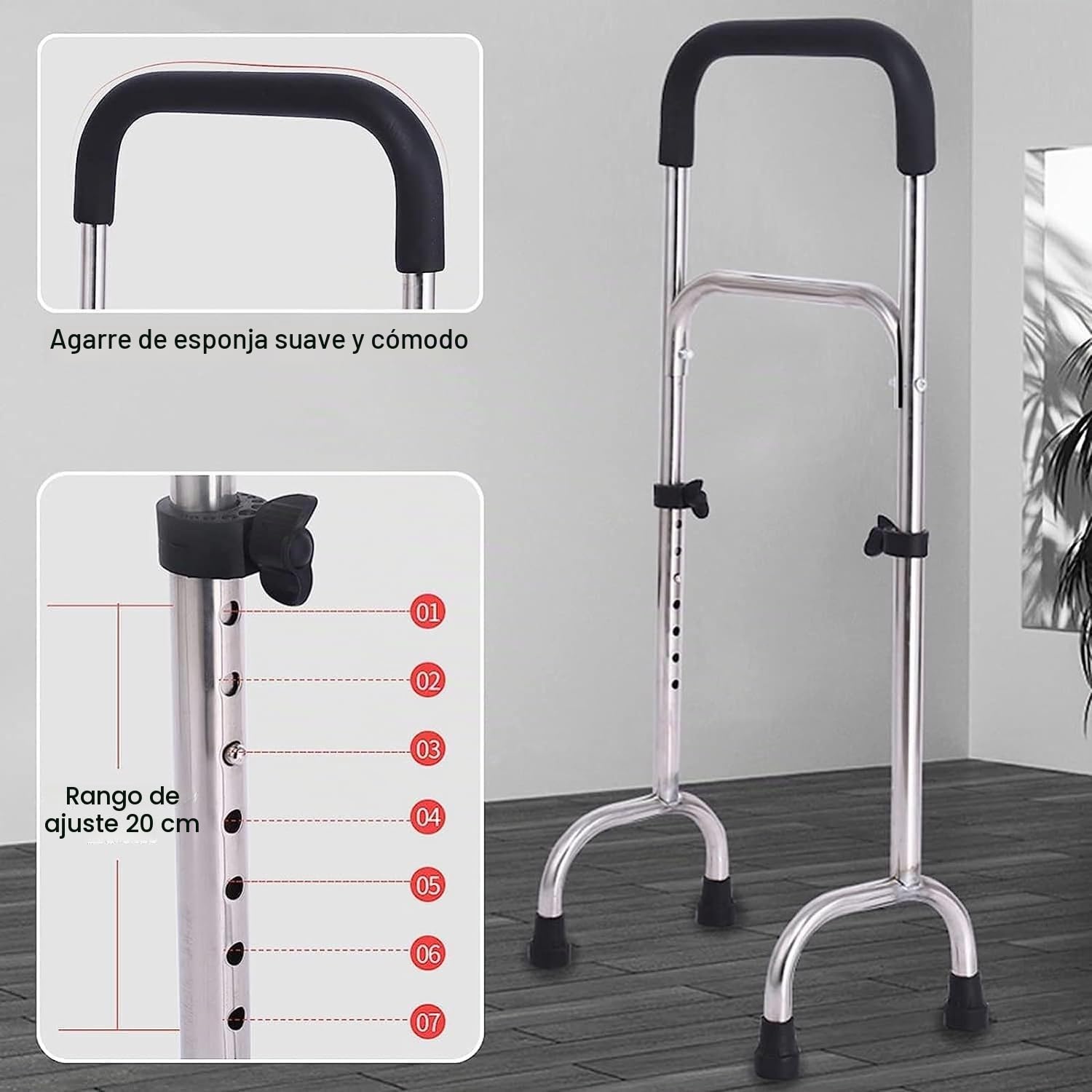 Bastón Cuatro Patas,bastón tetrápodo Ajustable con Base Ancha Cuatro Patas, Bastones Ligeros y estables Acero Inoxidable, Ayuda para la Movilidad pie