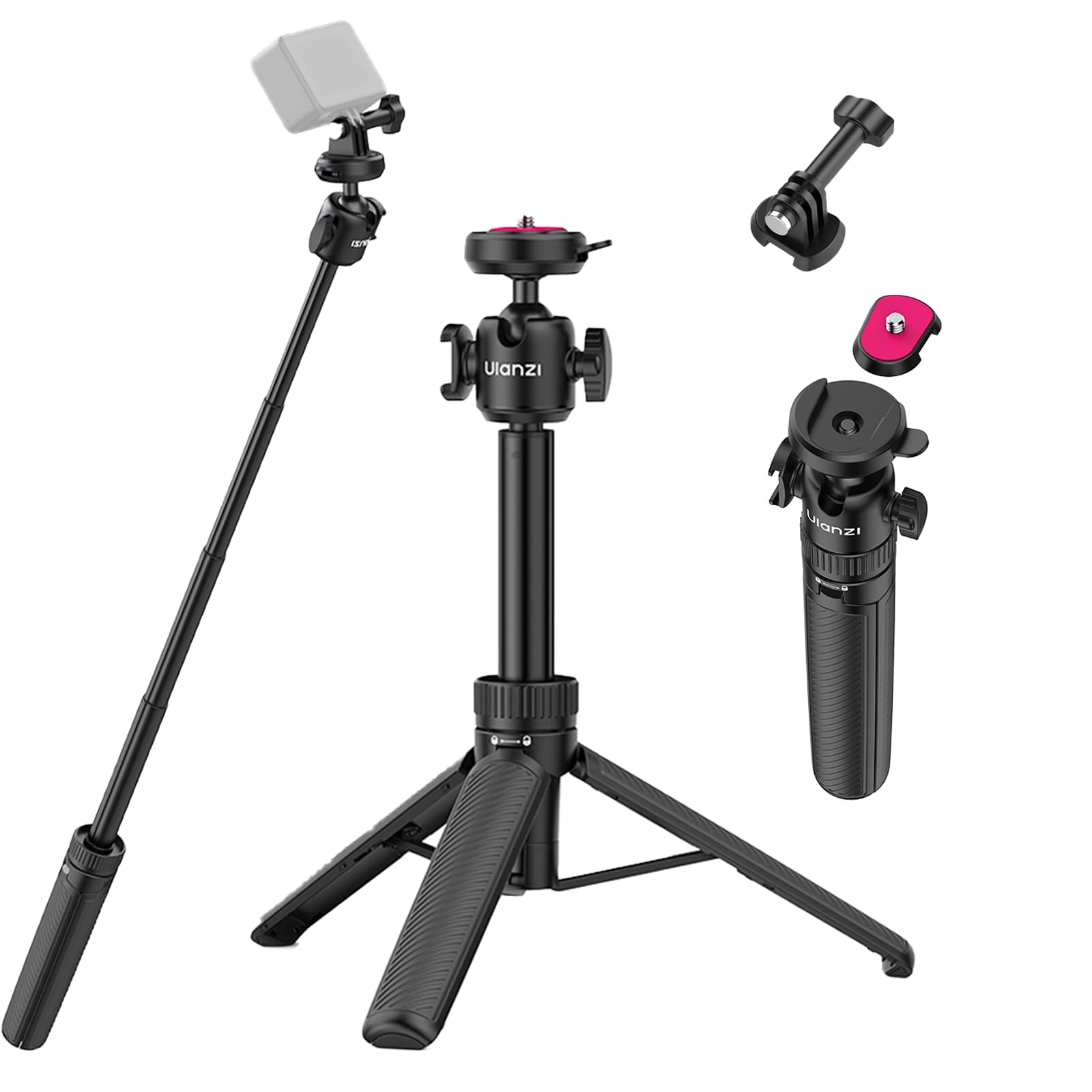 ULANZI MT90 Action Camera Tripod Stand Vlog Handle Grip with Cka Quick Release w Ballhead w Cold Shoe