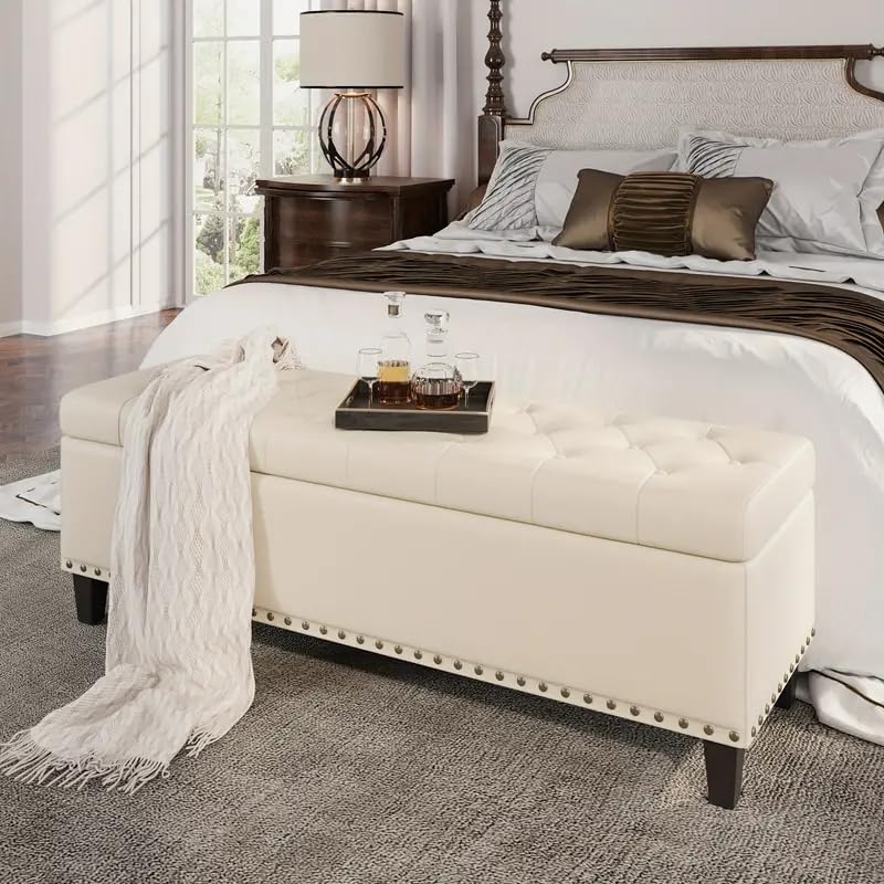 LEGACY OF COMFORT Fz1 51" Inch Tufted Ottoman Storage Bench - Spacious 30 Gallons Modern Faux Leather Upholstered Storage Ottoman with Classic Vintage Design for Living Room Bedroom Storage (White)-image-9