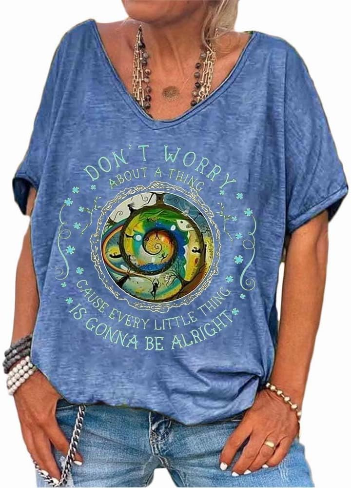 Every Little Thing is Gonna Be Alright Tshirt Positive Quote Shirt Hippie T Shirts for Women Retro Vneck Tee