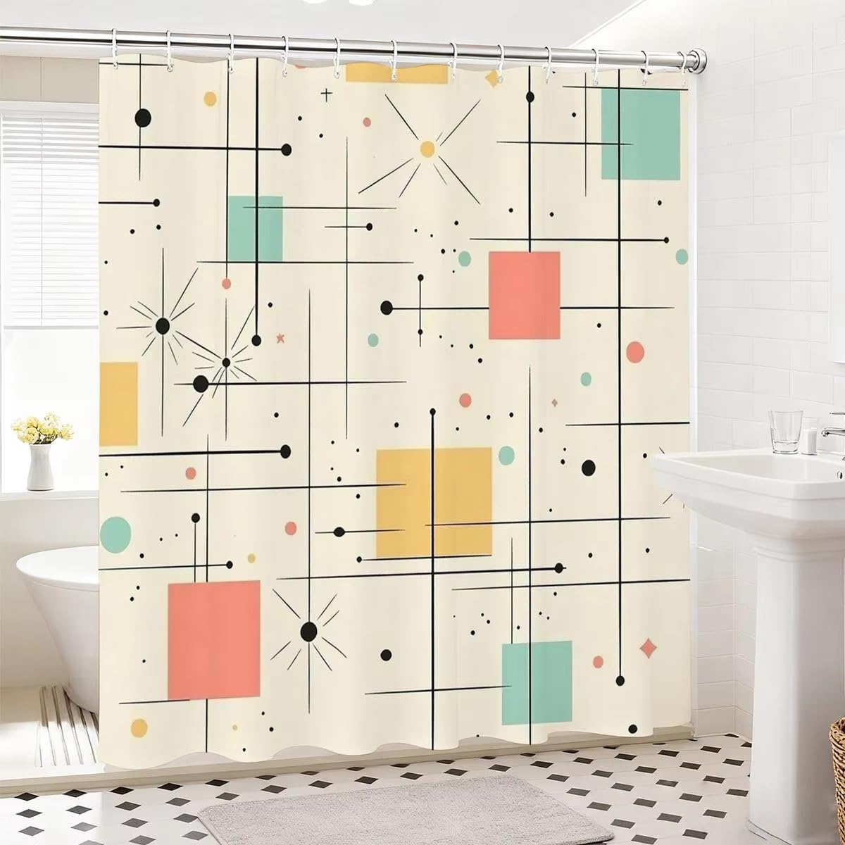 KELAIMI Pastel Geometric Shower Curtains,Retro Geometric Bathroom Curtains,Aesthetic Washable Quick-Dry Bathtub Curtains Beige 90X180Cm