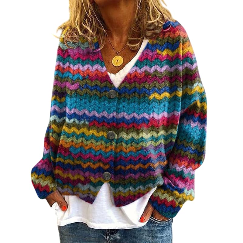 Womens Colorful Rainbow Striped Cardigan Boho V-Neck Button Down Knit Sweater Long Sleeve Scalloped Hem Casual Knitwear