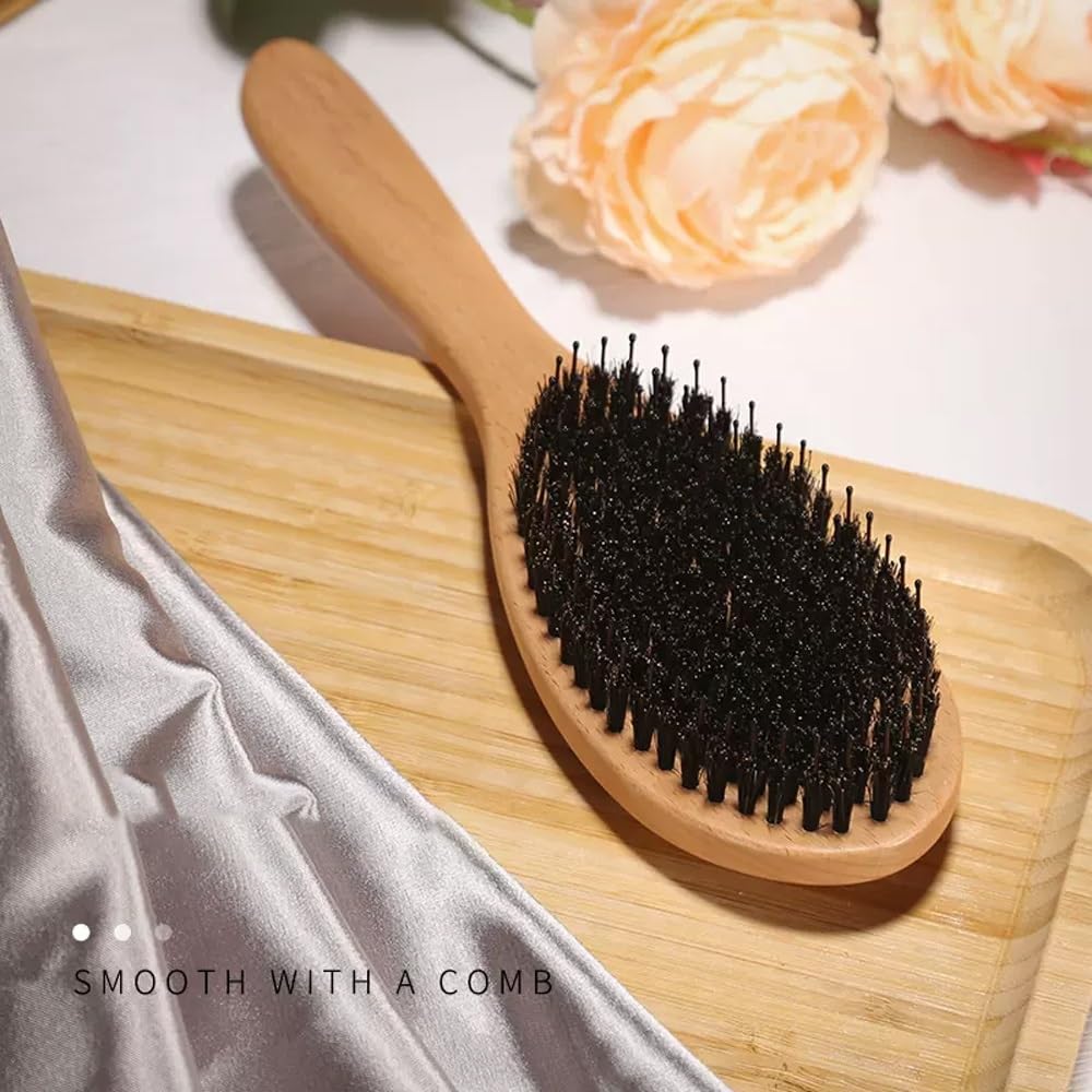 Cepillo for el cabello, cepillo for el cabello con cerdas de jabalí, cerdas naturales suaves for cabello fino y fino, restaura el brillo y la textura