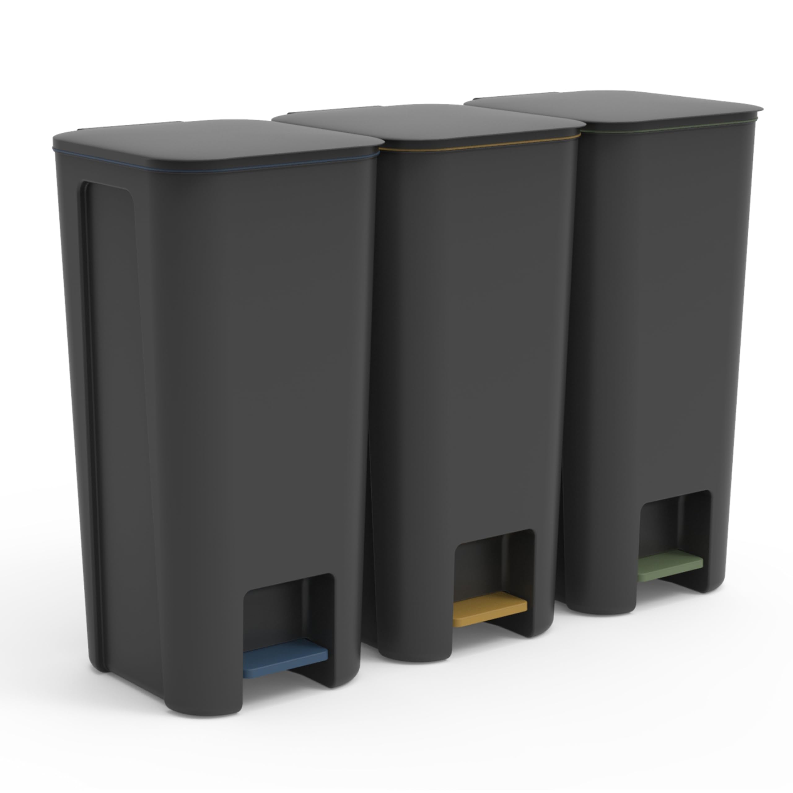 Go Practic Treteimer Set 3X 40L Tretmülleimer mit Pedal, Mülleimer, Mülltrennsystem für Papier, Kunststoff und Glas, Küchenmülleimer Recycling, mit