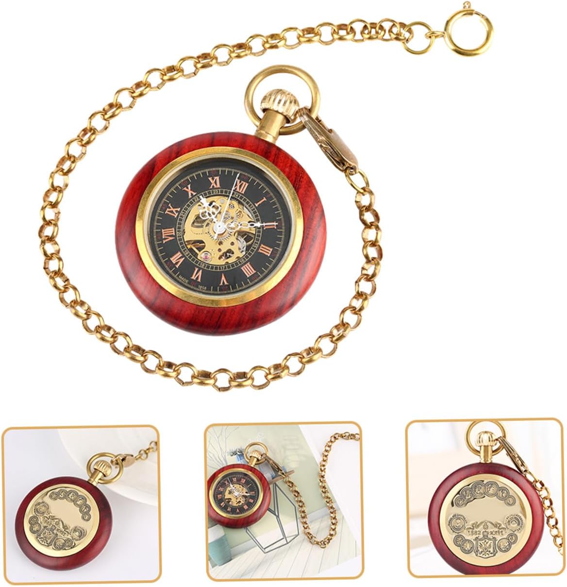 CLISPEED Mechanical Pocket Watch with Chain Retro Roman Numeral Copper Case Vintage Hanging Pocket Watch for Elderly Men Classic Antique Timepiece