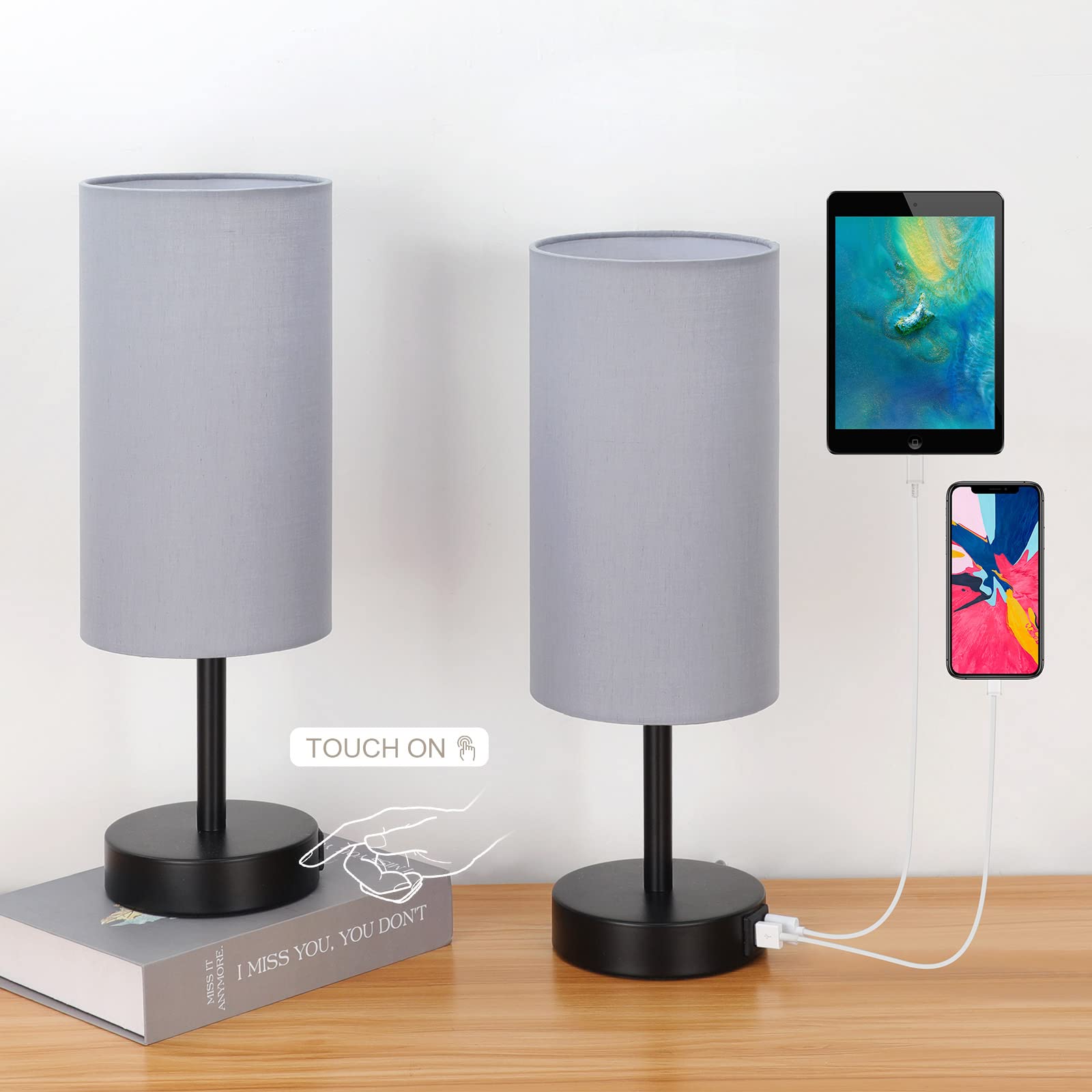 Yarra-Decor Bedside Lamps with USB Port - Touch Control Table Lamp for Bedroom 3 Way Dimmable Nightstand Lamp Set of 2 with Round Grey Fabric Shade for Living Room, Dorm, Home Office (Grey, 2 Pack)