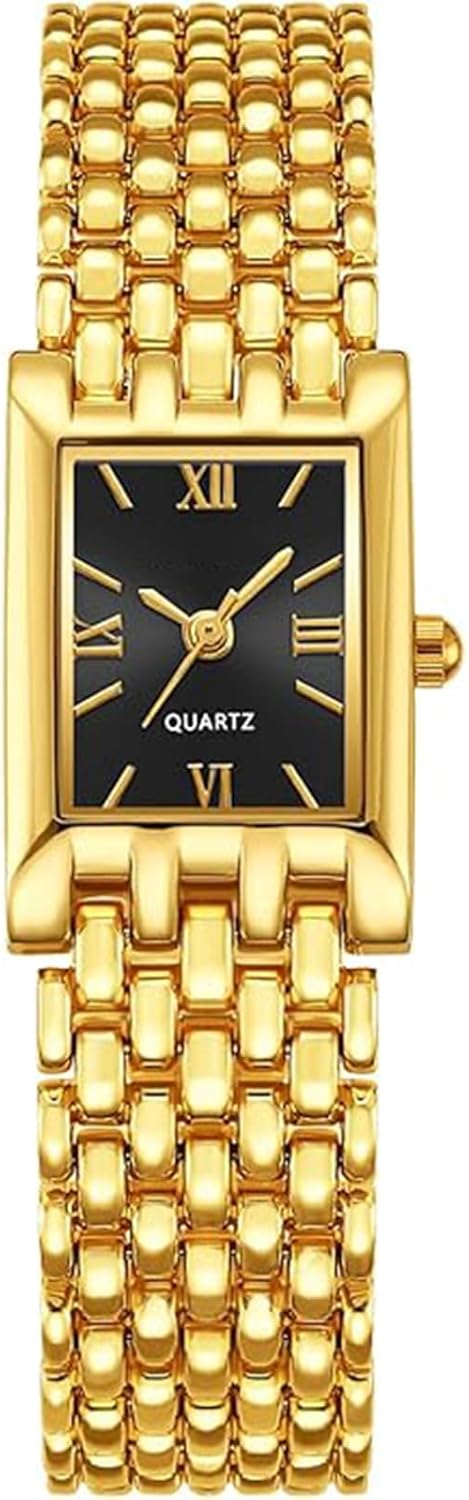 Women's Small Square Vintage Watch Gold or Silver Tone Multi Row Link Bracelet Minimalist Wristwatch with Roman Numeral Dial Elegant Gift for Ladies
