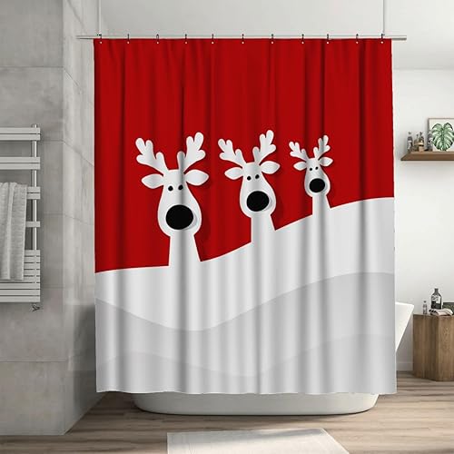 Ansouyi Juego de cortinas de ducha de reno de Navidad sobre rojo con 12 ganchos, cortinas de baño de tela de poliéster impermeable, decoración de