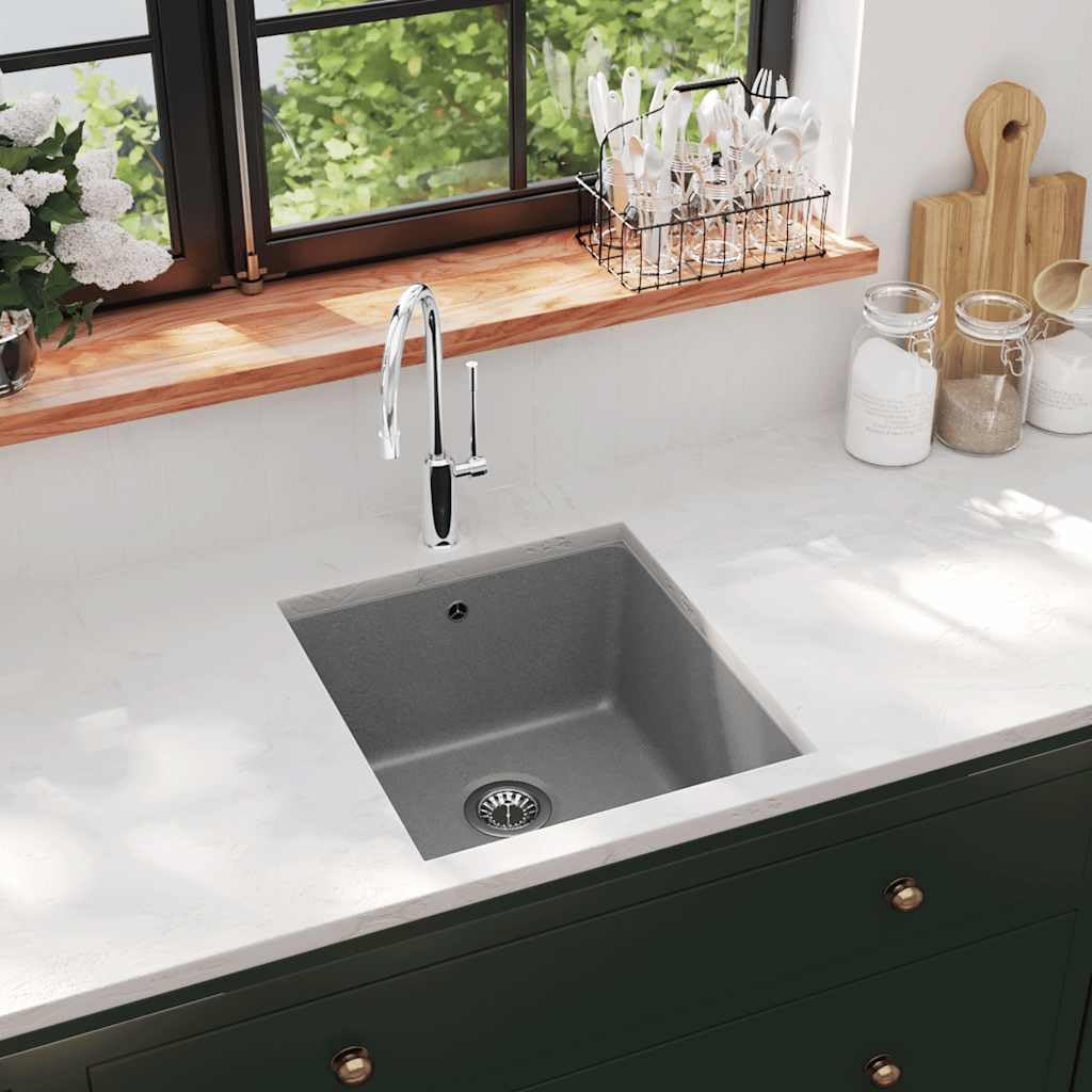 Fregadero individual de granito gris de 80% cuarzo y 20% resina, 420 x 460 x 310 mm, con colador, resistente al calor hasta 280 °C, resistente a los arañazos, para cocina, lavadero, jardín y