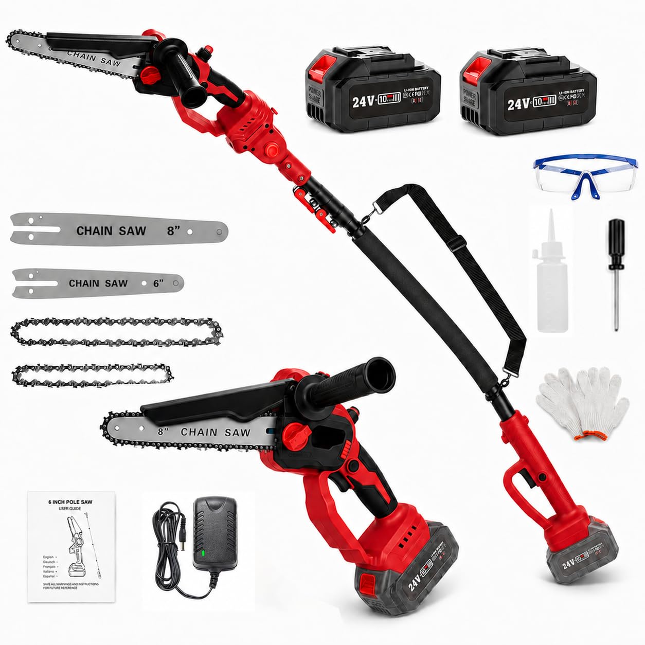 Kit de Jardin 2-en-1 Sans Fil: Mini Tronconneuse a Batterie & Taille Haie Telescopique, Moteur Sans Balais Compatible Makita 24V, 2×4.0Ah, Tête 180°, Élagage Branches & Coupe Bois (Rouge-Pro)