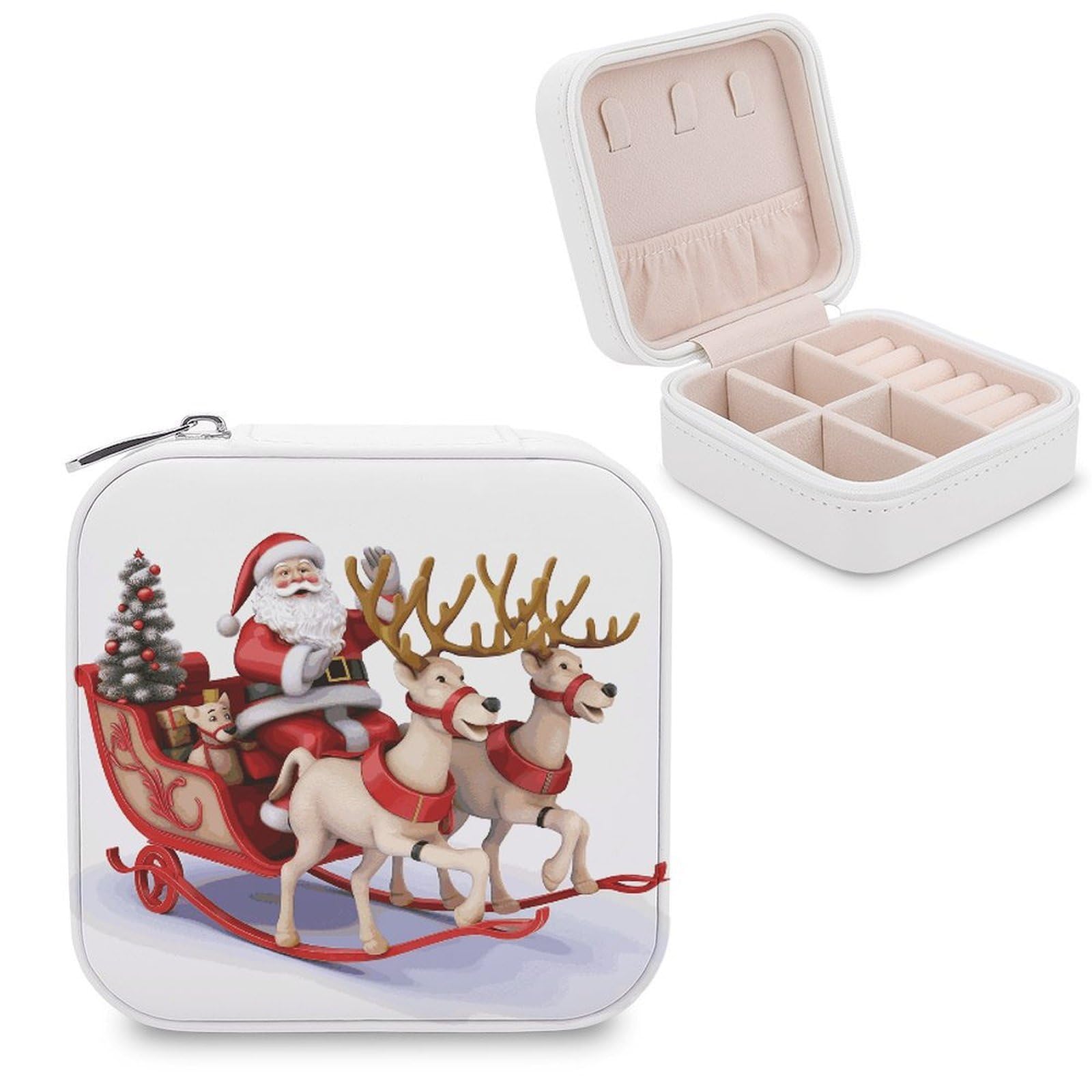 FekiLoot Santa Claus Reindeer Sled Jewelry Box Custom Jewelry Travel Case Pu Leather Trinket Organizer Box to Organize Ring Pendant Earring Small Portable Jewelry Storage Holder for Women