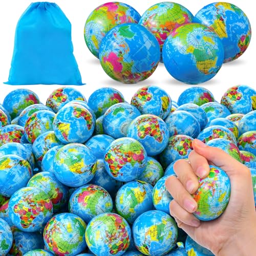 Poen 300 Pcs Globe Squeeze Balls, 2 Inch Mini World Earth Stress Balls Bulk Educational Relief Foam Squeeze Ball with Blue Drawstring Bag for Finger Exercise School Reward Party Gift