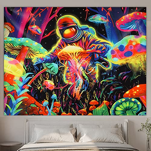 SUNNEKO Tapisserie astronaute, méduse et champignon pour décoration d'intérieur, brille sous la lumière noire UV, bureau et autres esthétiques d'intérieur, 200x150 cm Cover