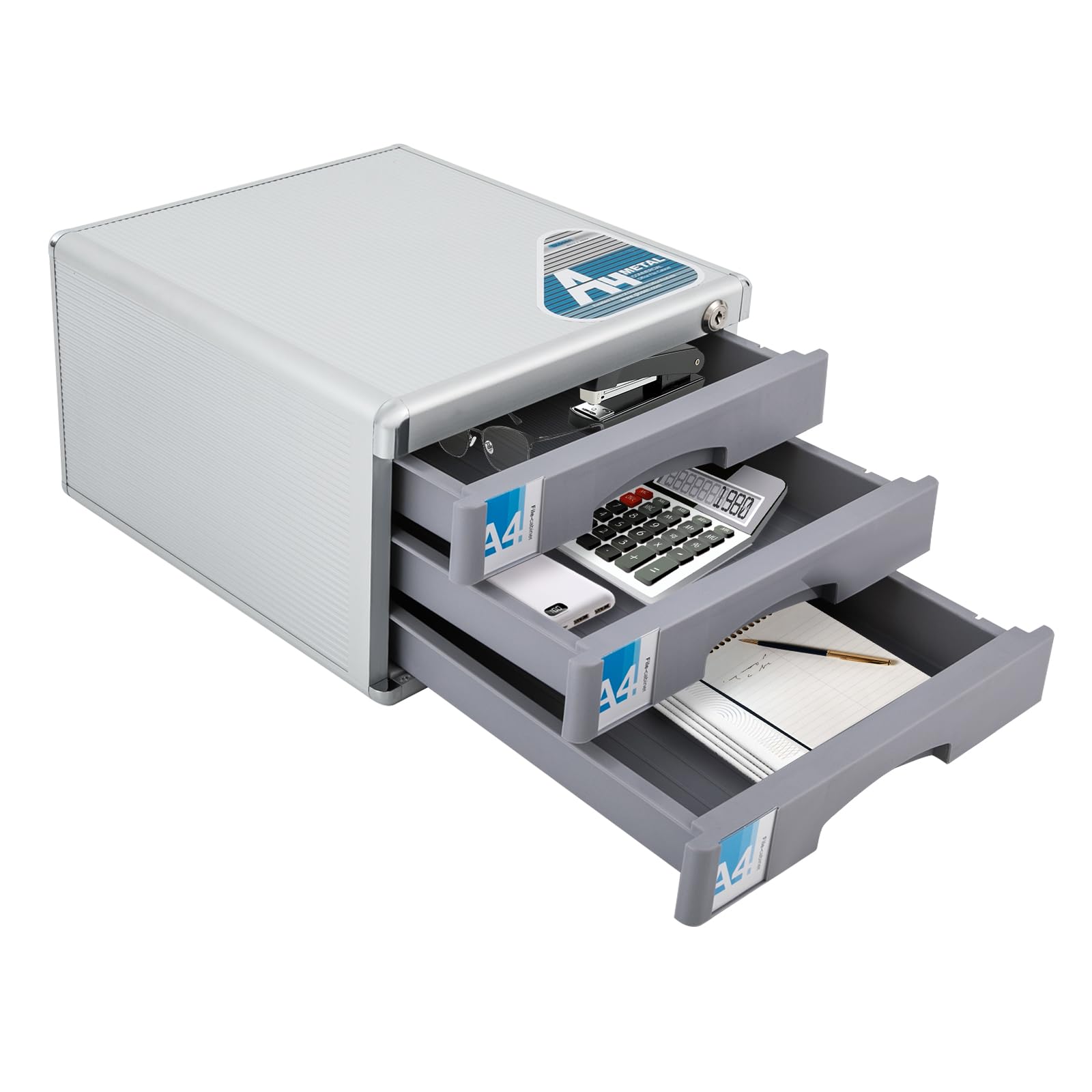 JAJADAH Desktop Drawer Organizer, Aluminum Alloy File Organizer, Lockable Drawer Organizer for Storing Office Paper & Various Office Supplies (3 Tiers)