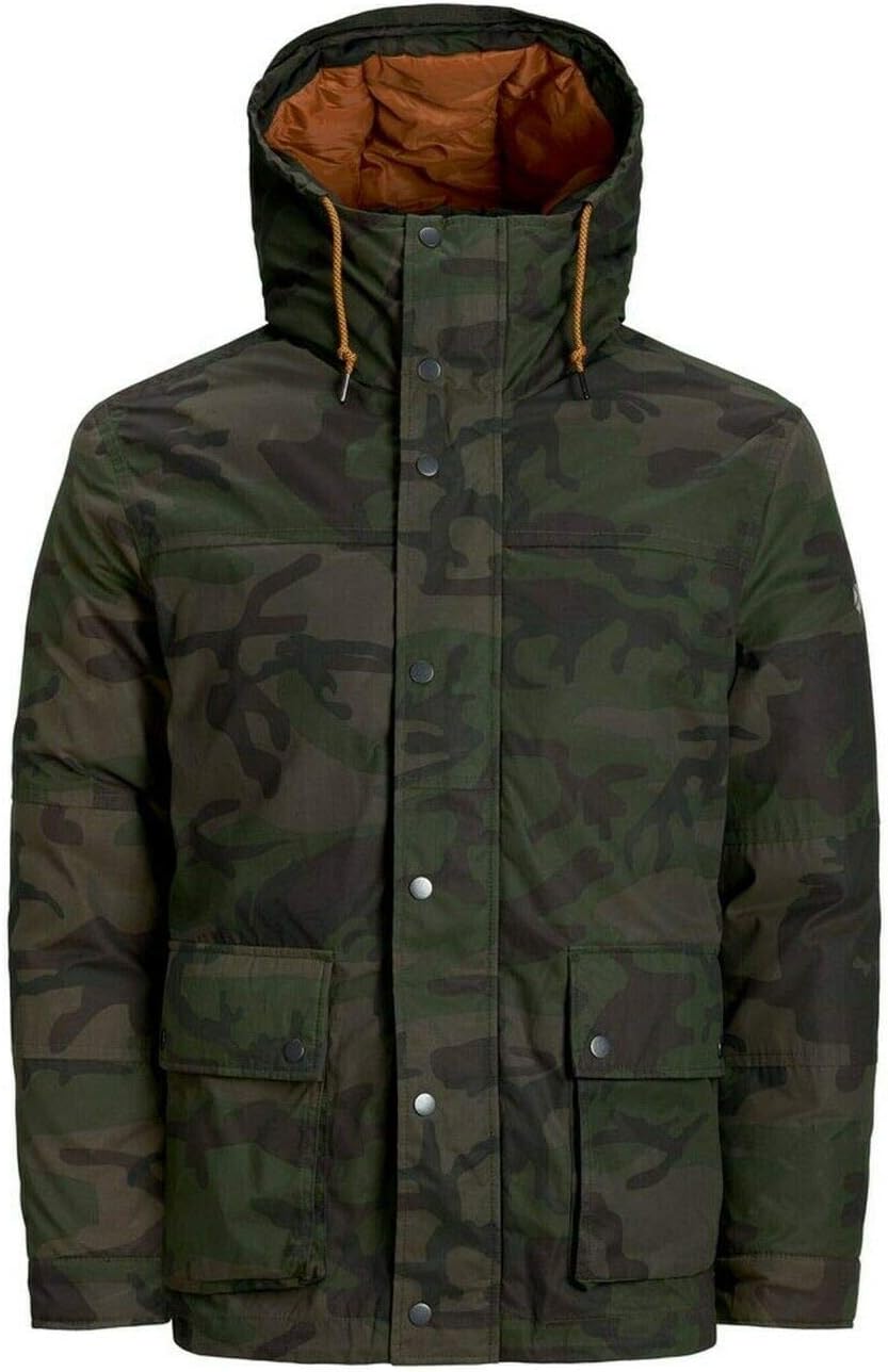 Jack and Jones Mens Parka Jacket Military JJ Commando Army Print Light Weight Winter Coat With Hooded