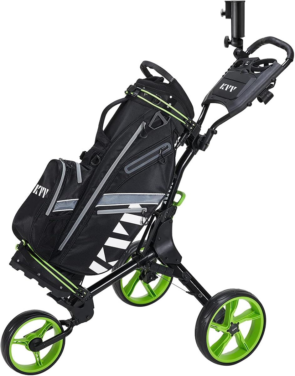 KVV 3 Wheel Foldable/Collapsible Golf Push Cart Ultra Lightweight Smallest Folding Size, New-Version Scorecard Holder Umbrella Holder Included(Black/Lime)