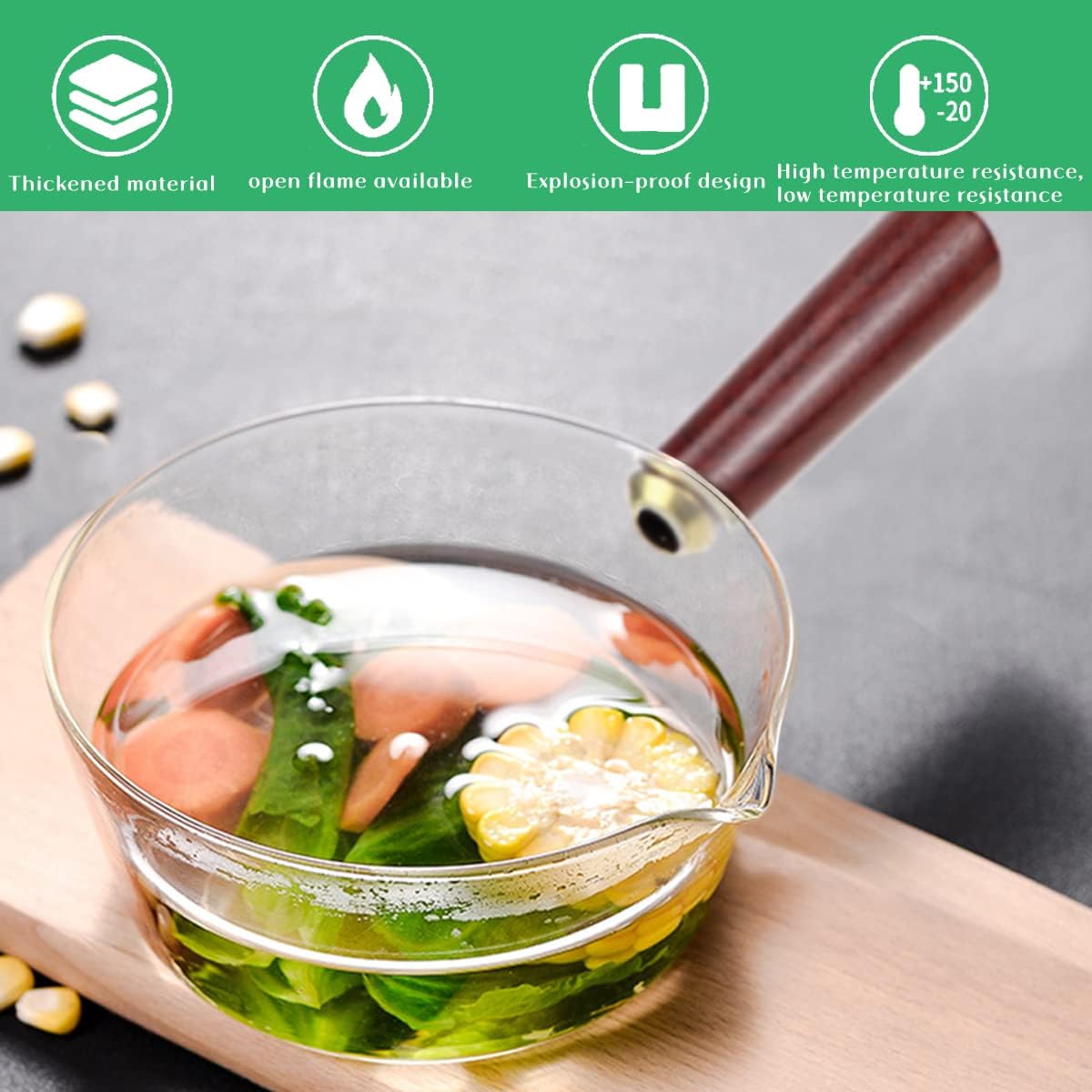 DOERDO Clear Glass Pot Milk Pan with Wooden Handle Breakfast Cooking Pot Glass Cookware for Home Kitchen Open Flame Heating Milk Pot (Clear 600ml)