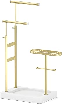 Alsonerbay Adjustable Jewelry Organizer Stand, White and Gold | Anti-tangle, 360 rotatable, extendable height, 2 hanging rod, wooden base tray, easy access, for long necklaces & earring