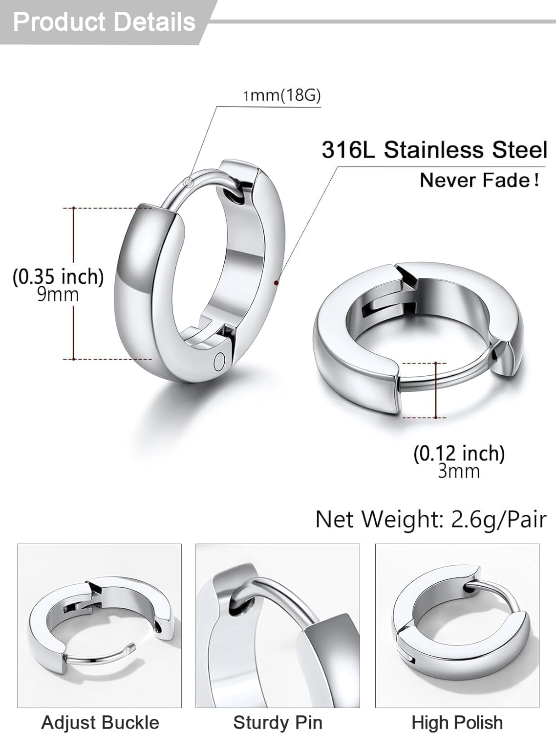 U7 Huggie Earrings, Small Hoop Earrings for Women, Hypoallergenic Stainless Steel Silver/Gold/Black Cartilage Earrings for Christmas Gift (7/8/9/10/12/14/16mm) - Image 7