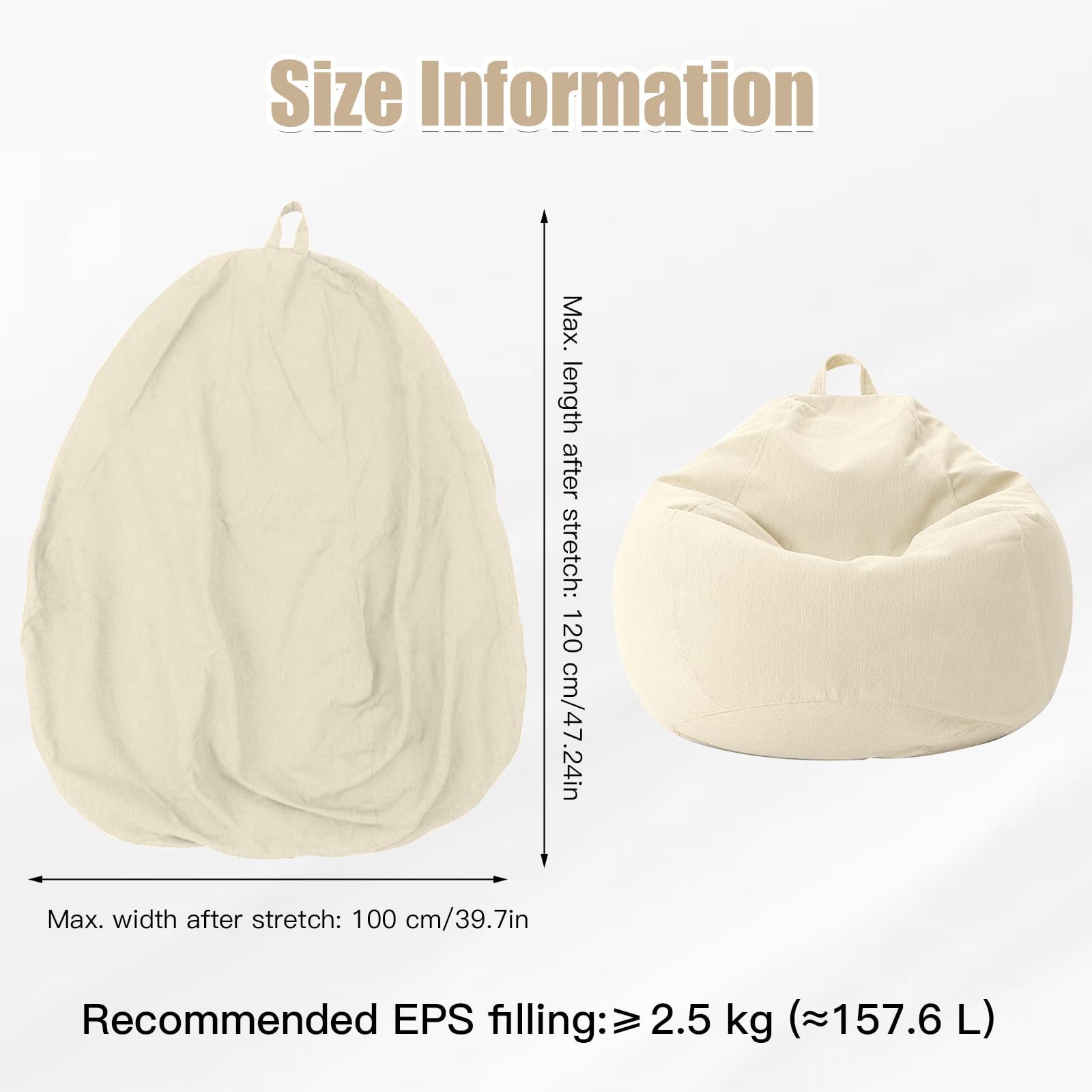 Funda de puf para niños y adultos, solo funda (sin relleno), silla de puf para dormitorio, oficina, sala de estar, terraza (Beige)