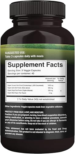 Miniatura 2 de Cápsulas de curcumina de cúrcuma 100% cruda y orgánica. Certificado orgánico, sin gluten, sin OMG y sin cafeína. Mejorado con ajo, jengibre y