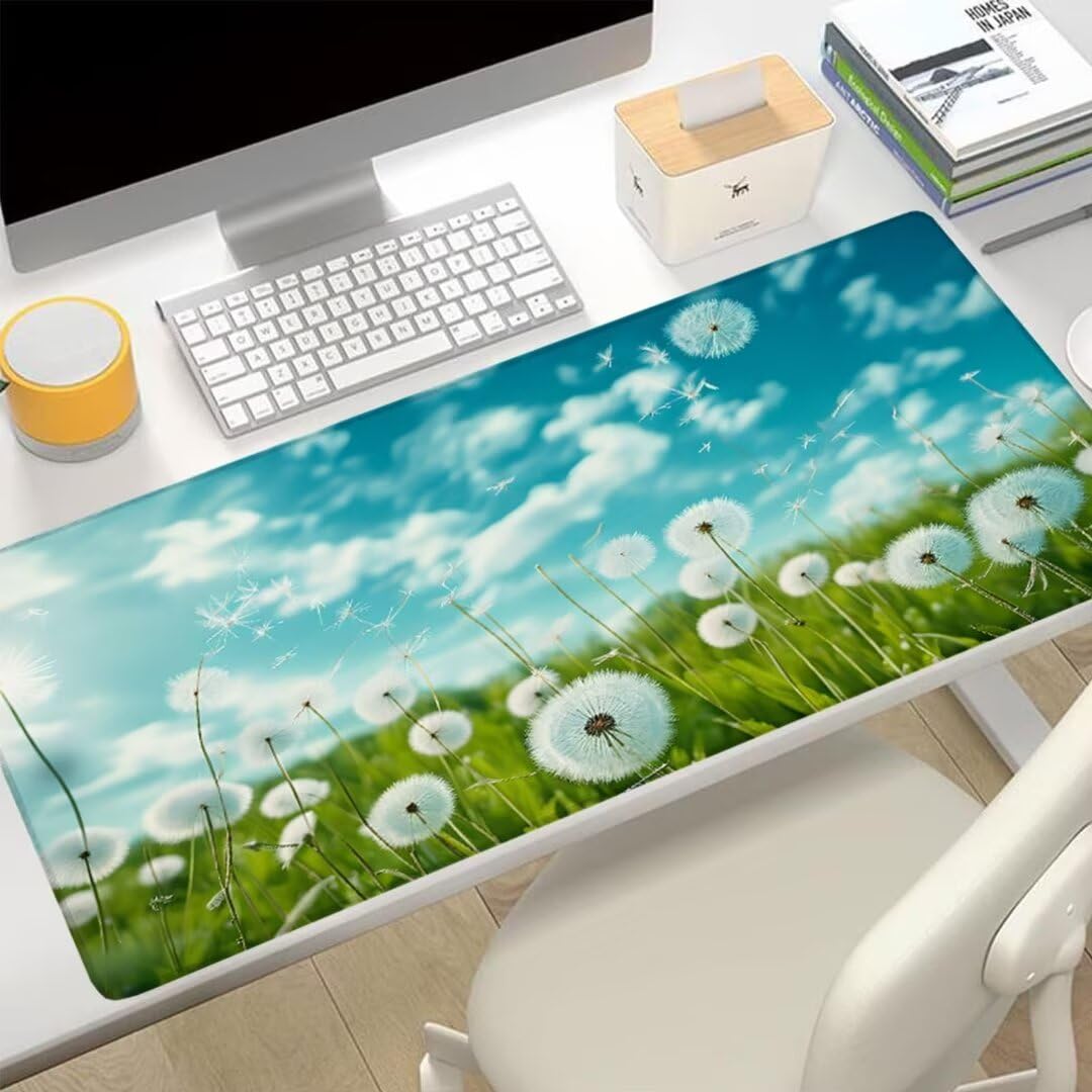 Biała podkładka pod mysz pod biurko, podkładka pod mysz XXL 1000 x 500 x 3 mm, podkładka pod mysz mniszek lekarski antypoślizgowa wodoodporna podkładka pod mysz, podkładka pod mysz z przeszytymi