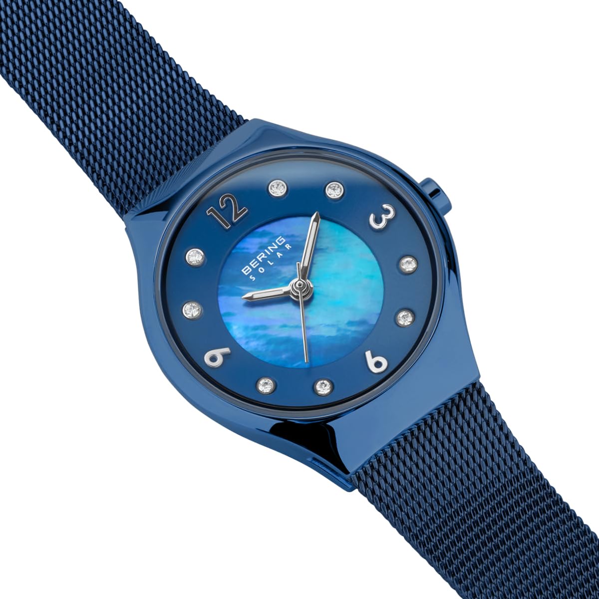 Bering Damen Solar Uhr | Armbanduhr 27 mm Edelstahlgehäuse und Perlmutt Zifferblatt | Milanaisearmband | Saphierglas | 5 ATM | 14427