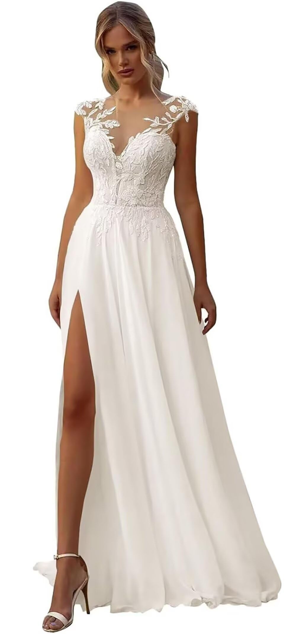 Robe de mariée pour femme avec dentelle - Longue robe de plage bohème avec fente élégante - Ligne A - Robe de mariage