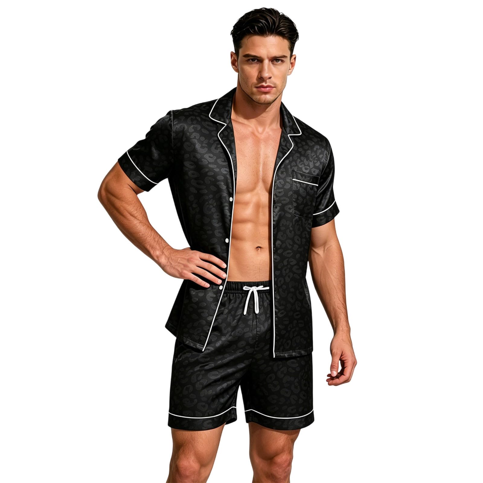 Pyjama homme satin léopard noir ensemble de nuit boutons
