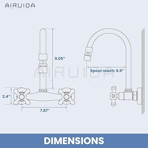 Vista 6 de Airuida Grifo de cocina de montaje en pared con rociador, grifo de fregadero de cocina montado en la pared, asas dobles cruzadas, boquilla giratoria