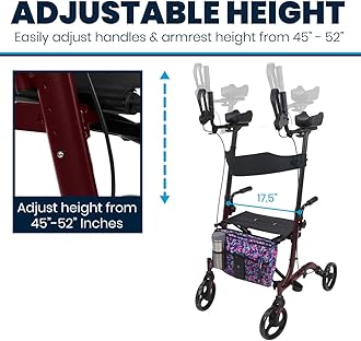 Vive Mobility Upright Walker with Seat, for Seniors, Women - Stand Up Rollator, Arm Rests, Heavy Duty, Folding Medical Aid Scooter for Elderly, Seniors - Walking Foldable Assist (Red, Floral Bag)