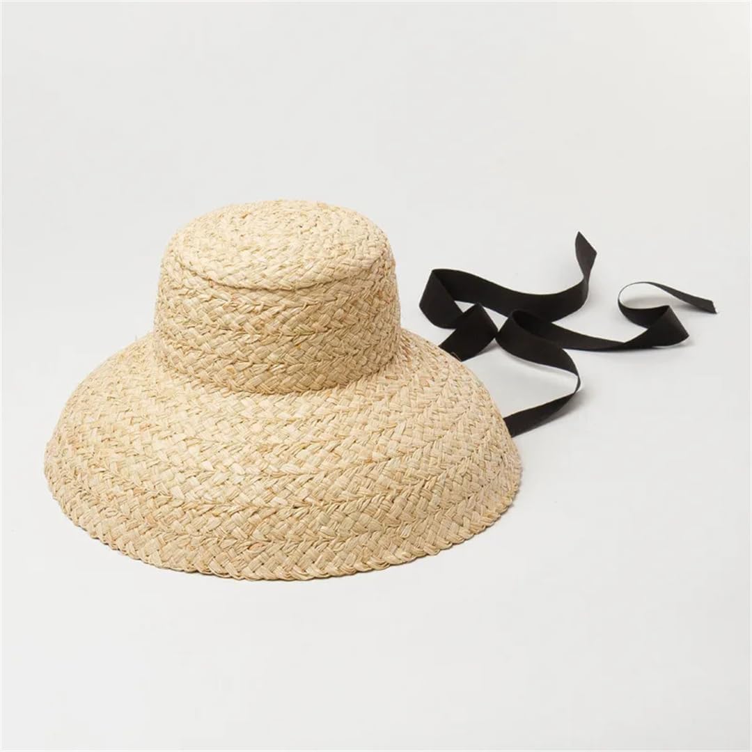 Sombrero De Paja Francés Retro para Mujer - Sombrero De Playa De Verano Hecho A Mano con ala Ancha para Protección Solar Al Aire Libre, Diseño Elegante De Base Plana. 11239lace-child One Size