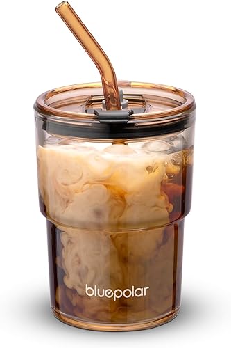 Vaso de Agua de Vidrio de 13oz/400ml con Pajita y Tapa Sellada para Llevar Pared Gruesa Taza de Café Helado Vaso de Vidrio para Agua, Té Helado,
