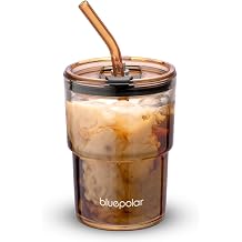 BLUEPOLAR 13oz/400ml Glass Water Tumbler with Straw and Lid Sealed Carry On Thick Wall Iced Coffee Cup Glass Cup for Water, Iced Tea Fruit Juice Etc Amber