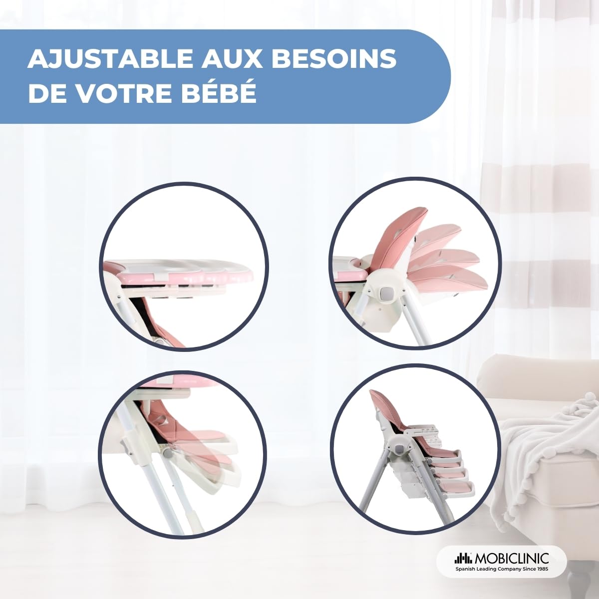 Mobiclinic® kids, Chaise haute, Évolutive, Extra pliable, Convertible en, Simba, Harnais 5 points, Roues avec freins, Double plateau amovible, Tissu lavable et, Réglable