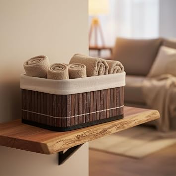 Deconox Mini Dikdörtgen Bambu Düzenleyici ve Saklama Sepeti – Gri Ahşap Banyo, Makyaj ve Ofis Organizeri, Kumaş Astarlı Dekoratif Kutu (20x15x10 cm)