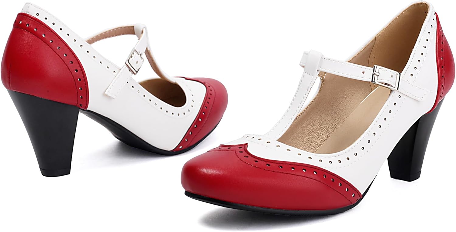 Elerhythm Women's Mary Jane Two Tone Classic and Retro Oxford Wingtip 1920s Pump Heels 1950s Vintage Round Closed Toe 1940s Ankle Strap Dress Shoes